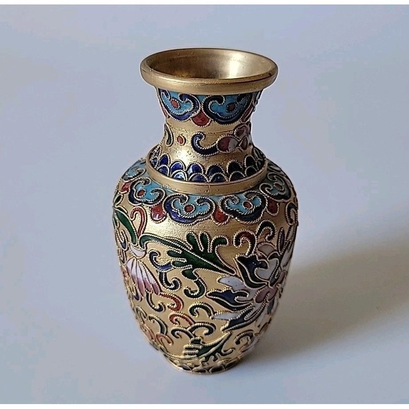 Vintage Chinese Cloisonne Enamel Mini Vase 4" Floral Motif Decorative Ornate - Picture 4 of 9